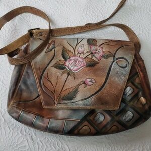 Sova Vintage Brown Handpainted Floral Design Leather Shoulder/Crossbody Bag